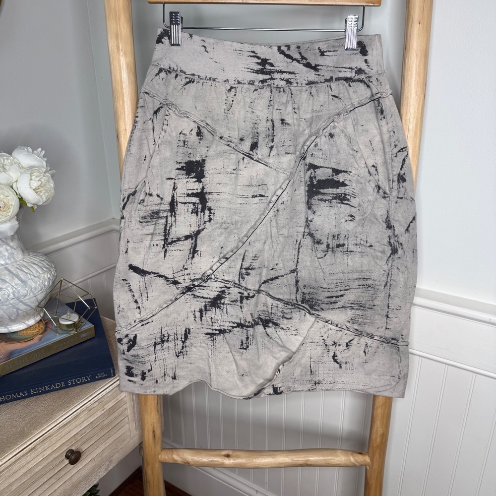 Cynthia Ashby Grey Abstract Print Cotton Lagenlook Skirt Small Made in USA